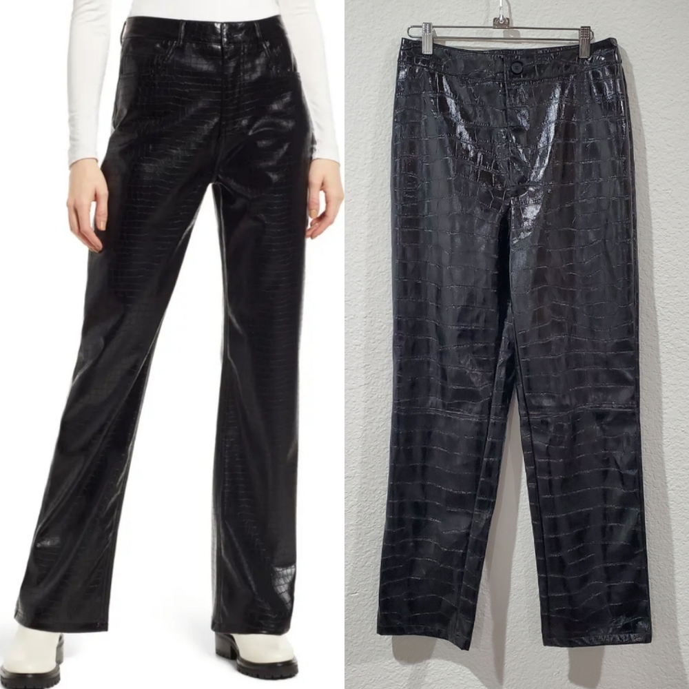 High Rise Straight Leg Croc Embossed Shiny Black Faux Leather Pants. Sz.…